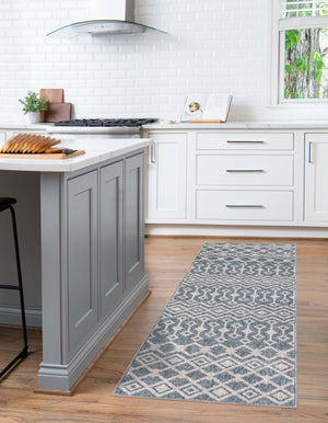 Harbor Blue 2' 7 x 12' Eco Trellis Runner Area Rug 100% Recycled Space Dyed Polyester With Cotton Backing Geometric Pattern Eco-Friendly Carpet for Sale at Rug Engine