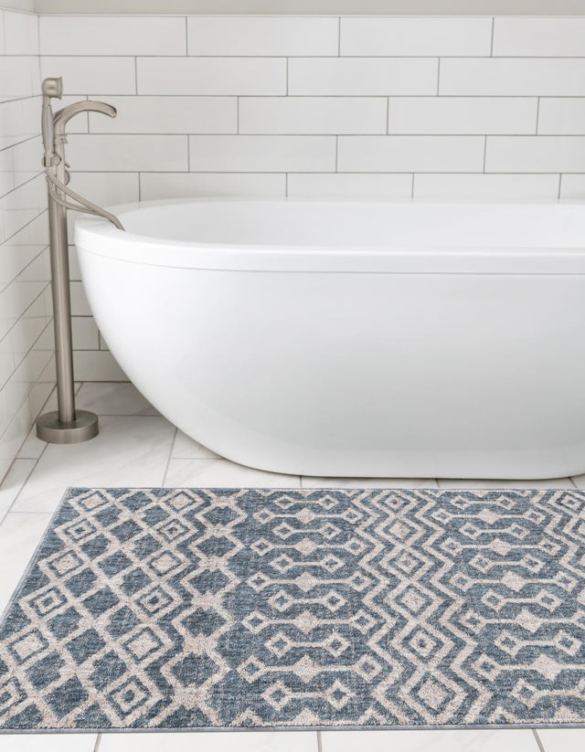 Harbor Blue 2' x 8' Eco Trellis Runner Area Rug 100% Recycled Space Dyed Polyester With Cotton Backing Geometric Pattern Eco-Friendly Carpet for Sale at Rug Engine