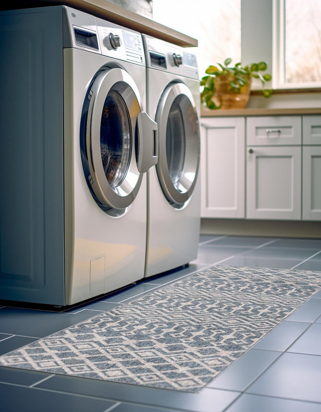 Harbor Blue 2' x 8' Eco Trellis Runner Area Rug 100% Recycled Space Dyed Polyester With Cotton Backing Geometric Pattern Eco-Friendly Carpet for Sale at Rug Engine