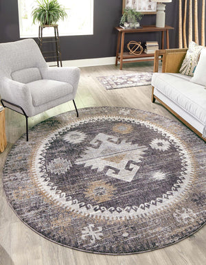 Charcoal Gray 7' x 7' Eco Southwestern Round Area Rug 100% Recycled Space Dyed Polyester With Cotton Backing Carpet for Natural Home Decor for Sale at Rug Engine
