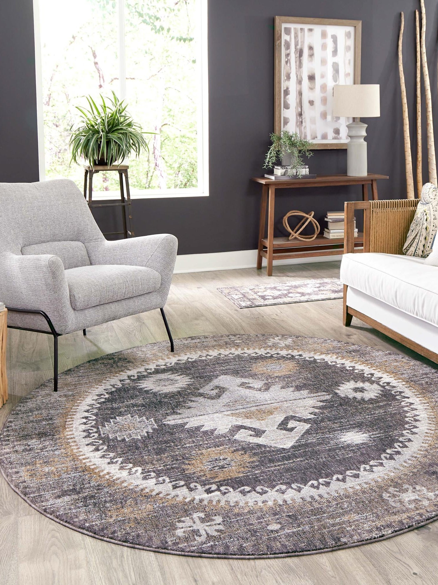 Charcoal Gray 7' x 7' Eco Southwestern Round Area Rug 100% Recycled Space Dyed Polyester With Cotton Backing Carpet for Natural Home Decor for Sale at Rug Engine