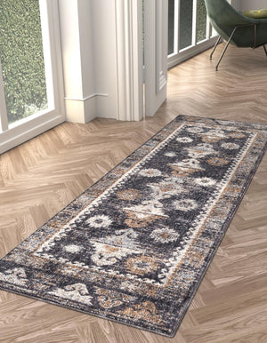 Charcoal Gray 2' x 8' Eco Southwestern Runner Area Rug 100% Recycled Space Dyed Polyester With Cotton Backing Carpet for Natural Home Decor for Sale at Rug Engine