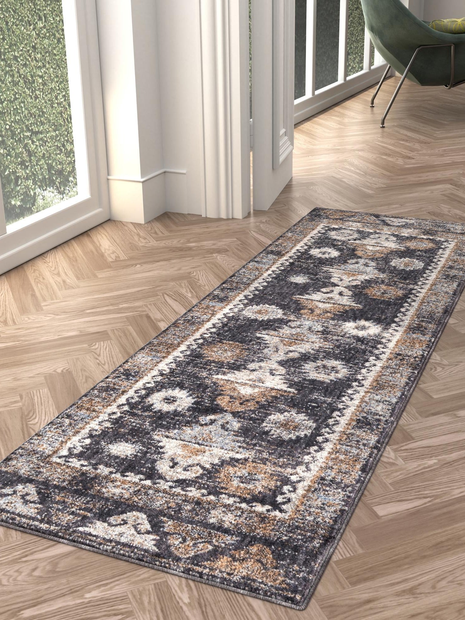 Charcoal Gray 2' x 6' Eco Southwestern Runner Area Rug 100% Recycled Space Dyed Polyester With Cotton Backing Carpet for Natural Home Decor for Sale at Rug Engine