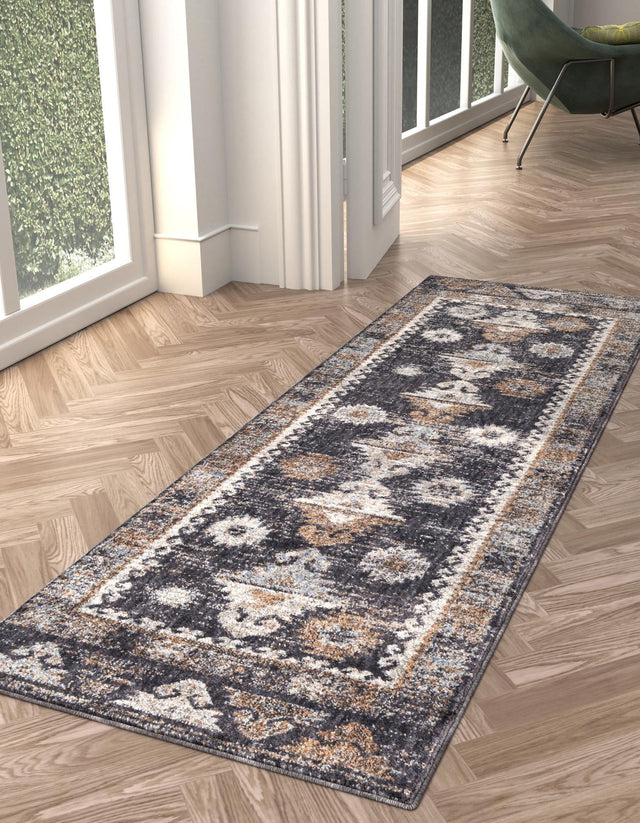 Charcoal Gray 2' x 6' Eco Southwestern Runner Area Rug 100% Recycled Space Dyed Polyester With Cotton Backing Carpet for Natural Home Decor for Sale at Rug Engine