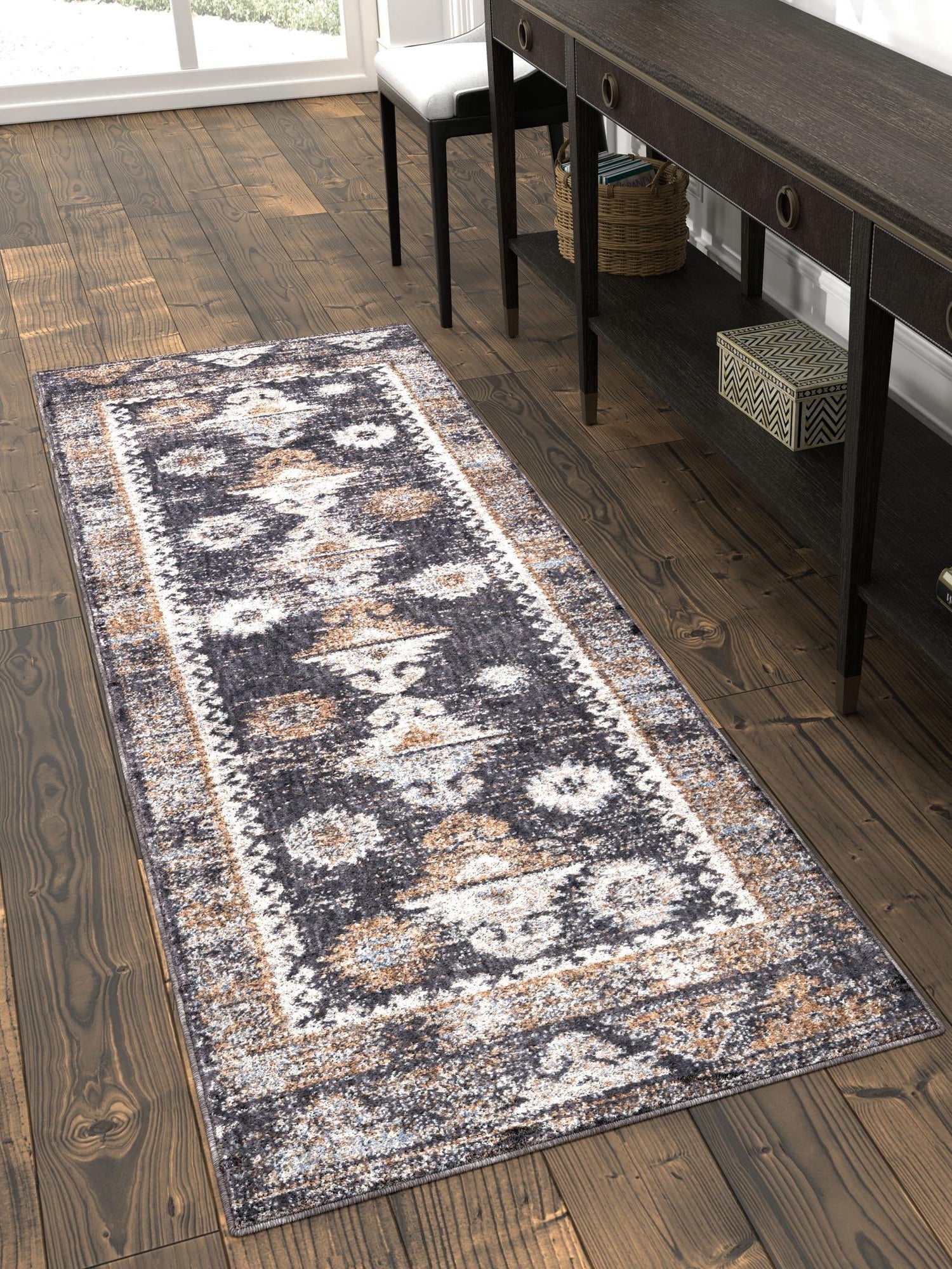 Charcoal Gray 2' x 6' Eco Southwestern Runner Area Rug 100% Recycled Space Dyed Polyester With Cotton Backing Carpet for Natural Home Decor for Sale at Rug Engine