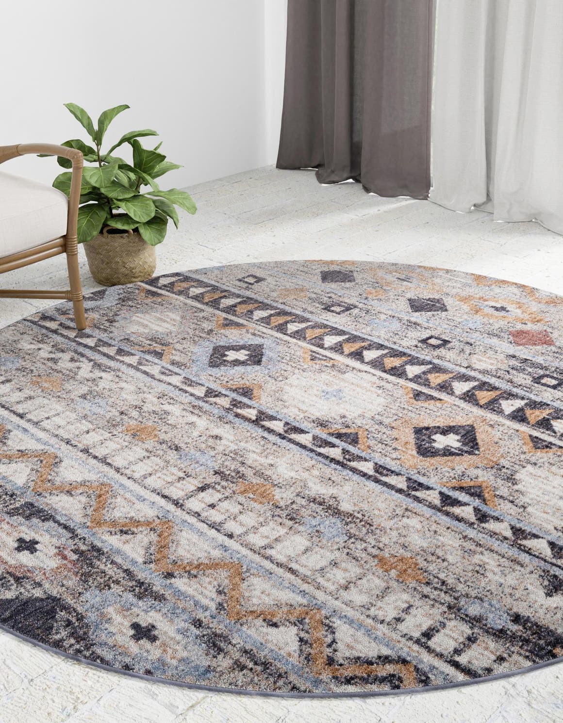 Khaki Gray 3' 3 x 3' 3 Eco Southwestern Round Area Rug 100% Recycled Space Dyed Polyester With Cotton Backing Carpet for Natural Home Decor for Sale at Rug Engine