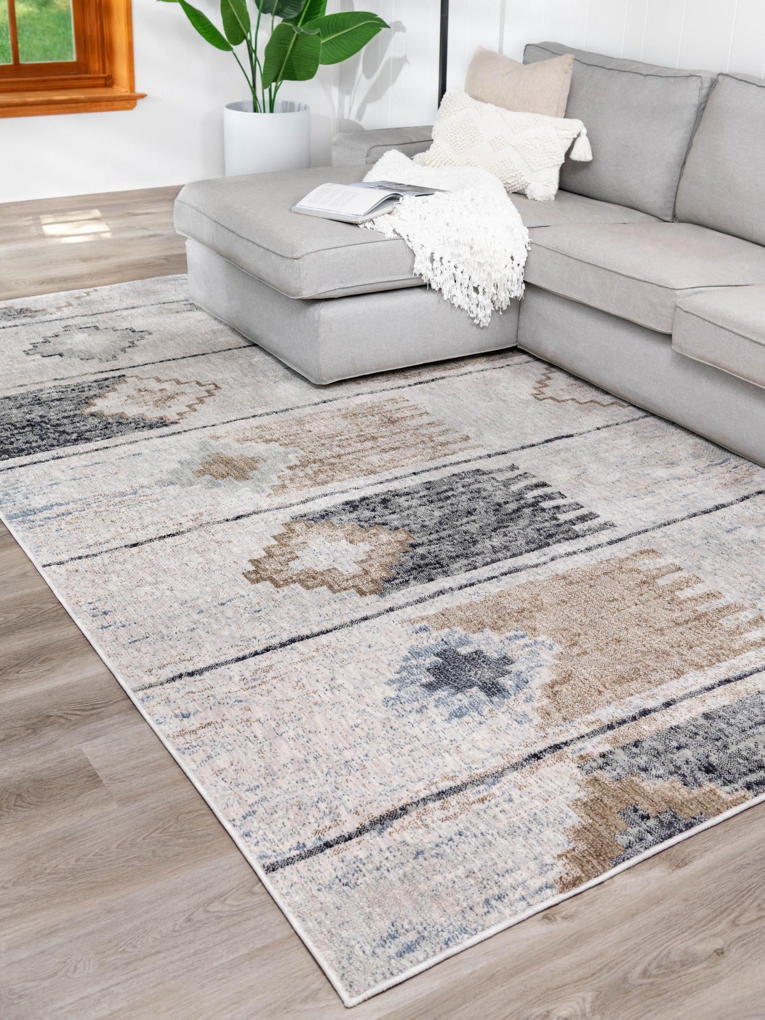 Ivory 5' 3 x 8' Eco Southwestern Rectangle Area Rug 100% Recycled Space Dyed Polyester With Cotton Backing Carpet for Natural Home Decor for Sale at Rug Engine