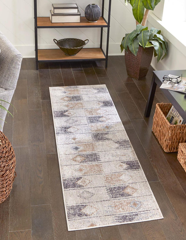 Ivory 2' x 6' Eco Southwestern Runner Area Rug 100% Recycled Space Dyed Polyester With Cotton Backing Carpet for Natural Home Decor for Sale at Rug Engine