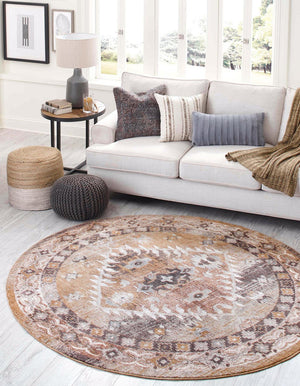 Khaki Gray 7' x 7' Eco Southwestern Round Area Rug 100% Recycled Space Dyed Polyester With Cotton Backing Carpet for Natural Home Decor for Sale at Rug Engine