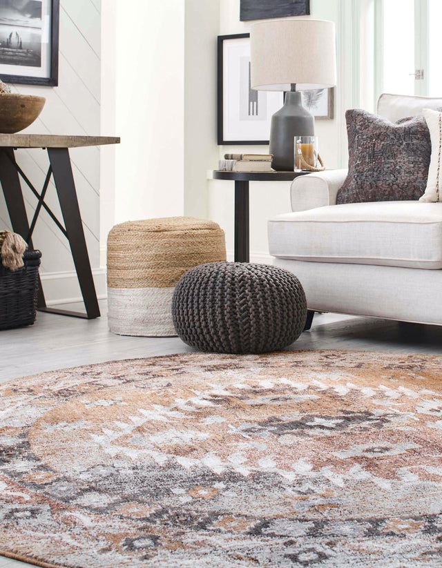 Khaki Gray 7' x 7' Eco Southwestern Round Area Rug 100% Recycled Space Dyed Polyester With Cotton Backing Carpet for Natural Home Decor for Sale at Rug Engine