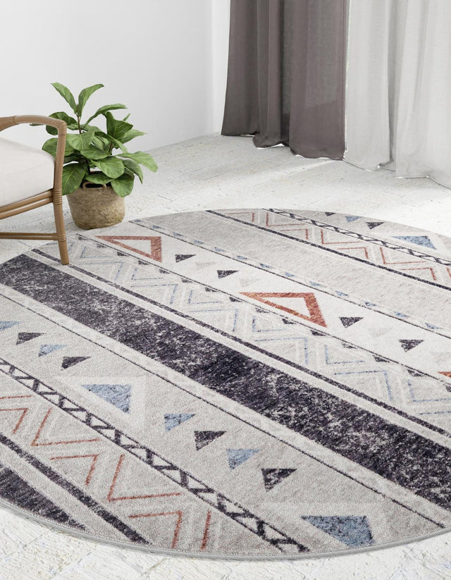 Gray 3' 3 x 3' 3 Eco Southwestern Round Area Rug 100% Recycled Space Dyed Polyester With Cotton Backing Carpet for Natural Home Decor for Sale at Rug Engine