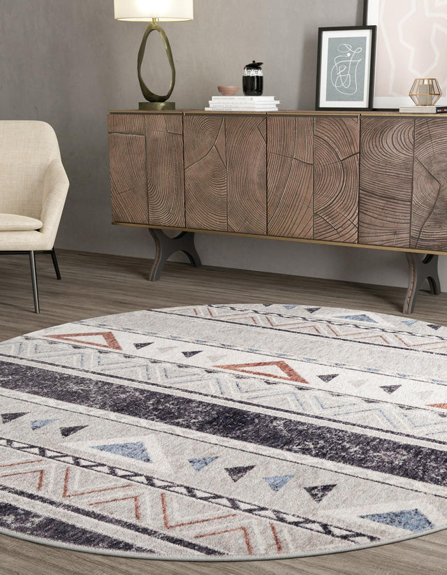Gray 3' 3 x 3' 3 Eco Southwestern Round Area Rug 100% Recycled Space Dyed Polyester With Cotton Backing Carpet for Natural Home Decor for Sale at Rug Engine
