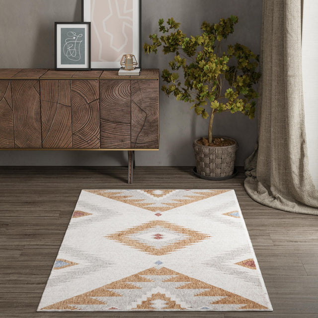 Ivory 4' x 6' Eco Southwestern Rectangle Area Rug 100% Recycled Space Dyed Polyester With Cotton Backing Carpet for Natural Home Decor for Sale at Rug Engine