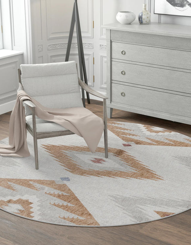 Ivory 7' x 7' Eco Southwestern Round Area Rug 100% Recycled Space Dyed Polyester With Cotton Backing Carpet for Natural Home Decor for Sale at Rug Engine
