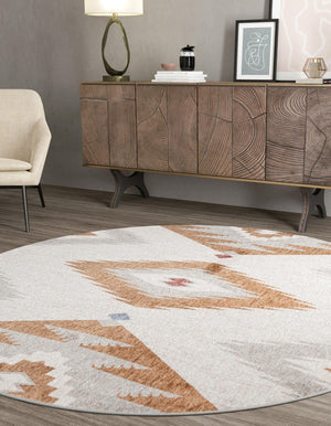 Ivory 7' x 7' Eco Southwestern Round Area Rug 100% Recycled Space Dyed Polyester With Cotton Backing Carpet for Natural Home Decor for Sale at Rug Engine