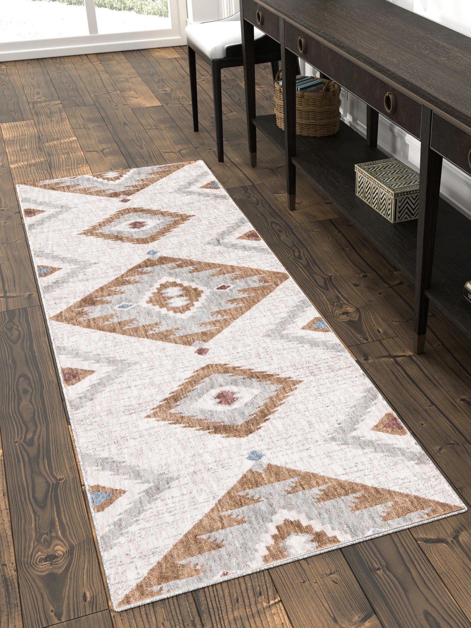 Ivory 2' x 6' Eco Southwestern Runner Area Rug 100% Recycled Space Dyed Polyester With Cotton Backing Carpet for Natural Home Decor for Sale at Rug Engine