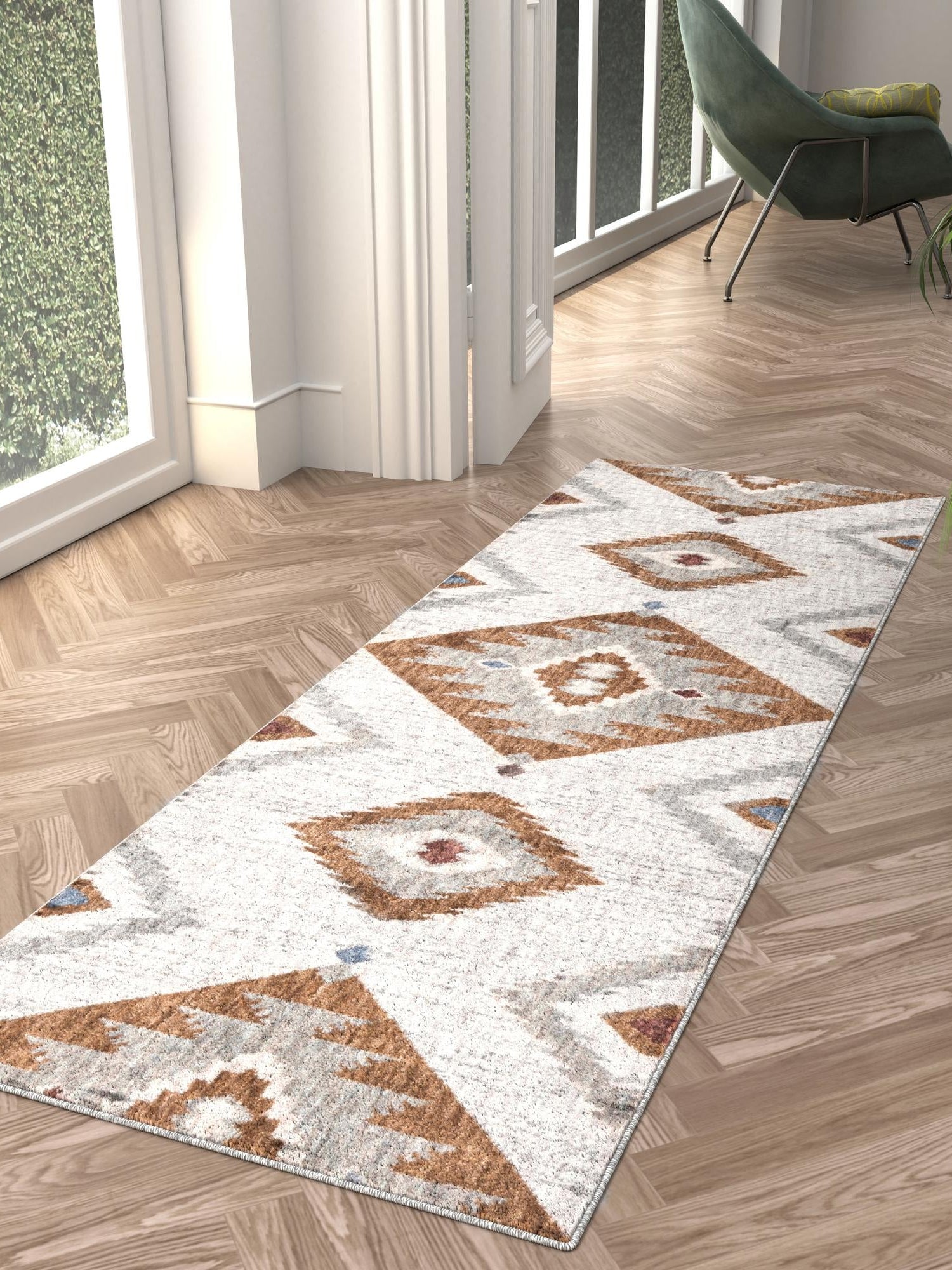 Ivory 2' x 6' Eco Southwestern Runner Area Rug 100% Recycled Space Dyed Polyester With Cotton Backing Carpet for Natural Home Decor for Sale at Rug Engine