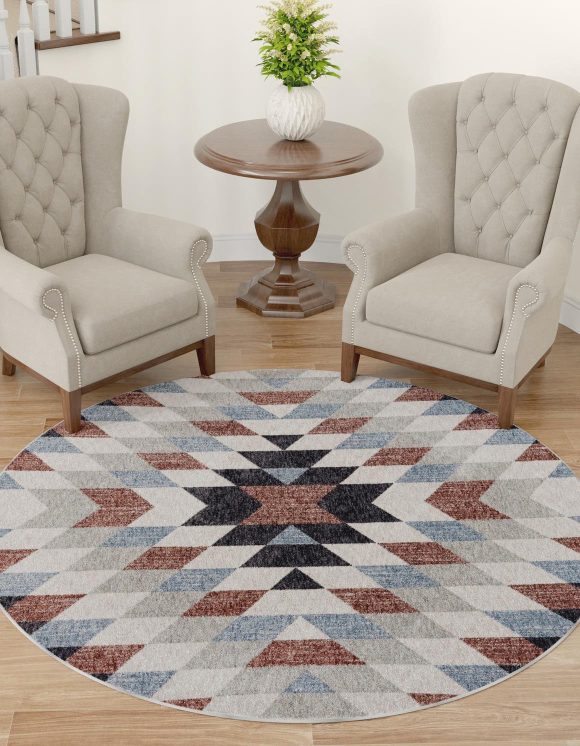 Multicolor 7' x 7' Eco Southwestern Round Area Rug 100% Recycled Space Dyed Polyester With Cotton Backing Carpet for Natural Home Decor for Sale at Rug Engine