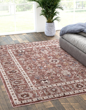 Dusty Rose 7' 10 x 10' Eco Traditional Rectangle Area Rug 100% Recycled Space Dyed Polyester With Cotton Backing Classic Pattern Carpet for Living, Dining, Office Space for Sale at Rug Engine