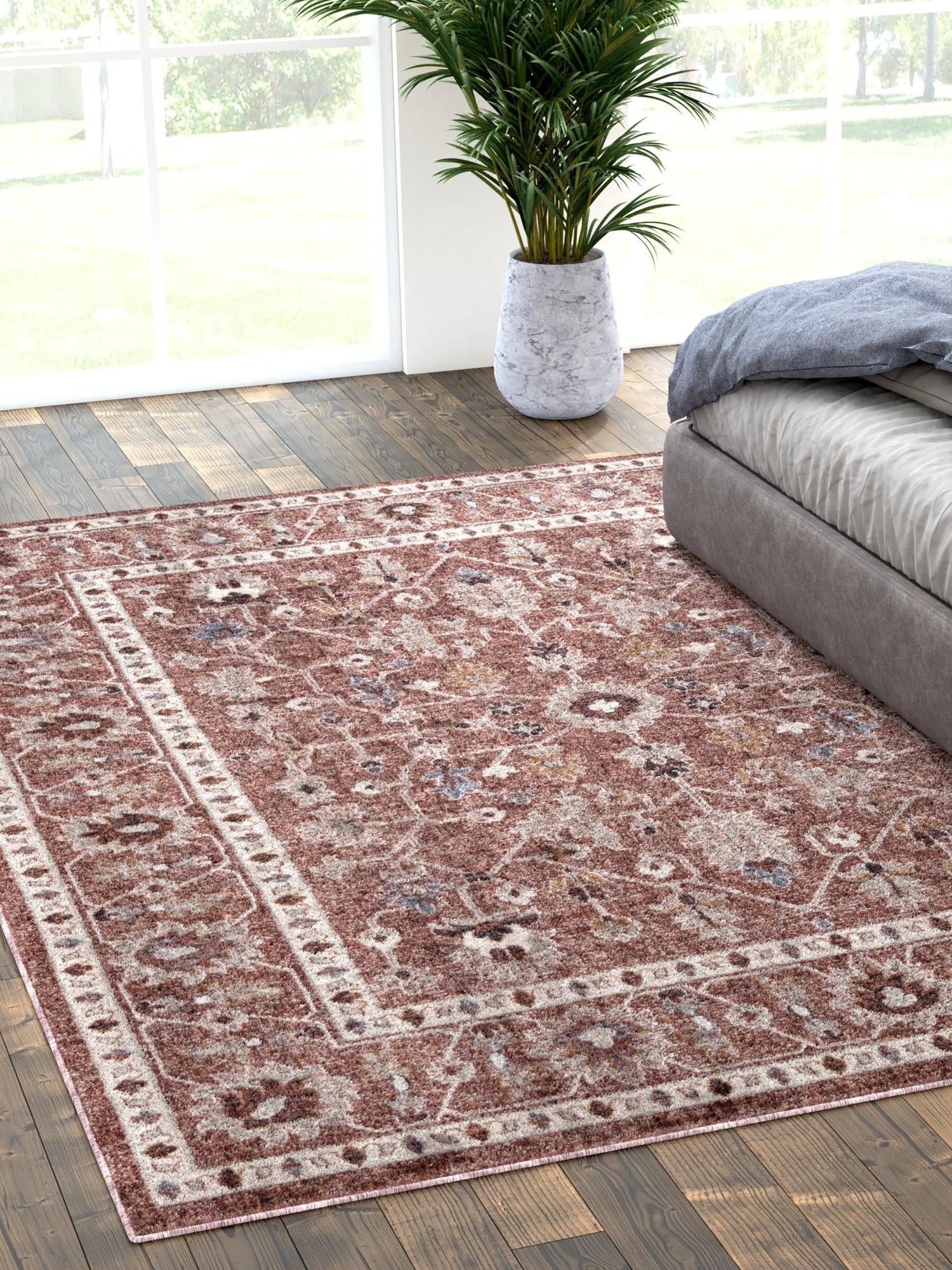 Dusty Rose 4' x 6' Eco Traditional Rectangle Area Rug 100% Recycled Space Dyed Polyester With Cotton Backing Classic Pattern Carpet for Living, Dining, Office Space for Sale at Rug Engine