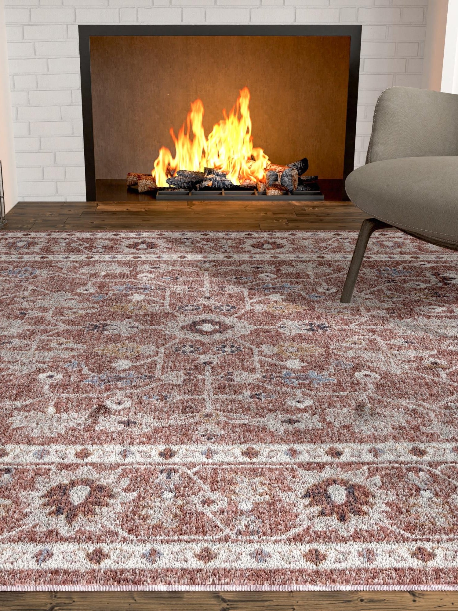 Dusty Rose 2' x 3' Eco Traditional Rectangle Area Rug 100% Recycled Space Dyed Polyester With Cotton Backing Classic Pattern Carpet for Living, Dining, Office Space for Sale at Rug Engine