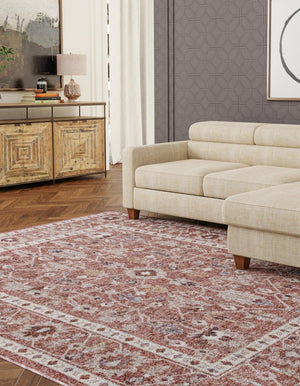 Dusty Rose 4' x 6' Eco Traditional Rectangle Area Rug 100% Recycled Space Dyed Polyester With Cotton Backing Classic Pattern Carpet for Living, Dining, Office Space for Sale at Rug Engine