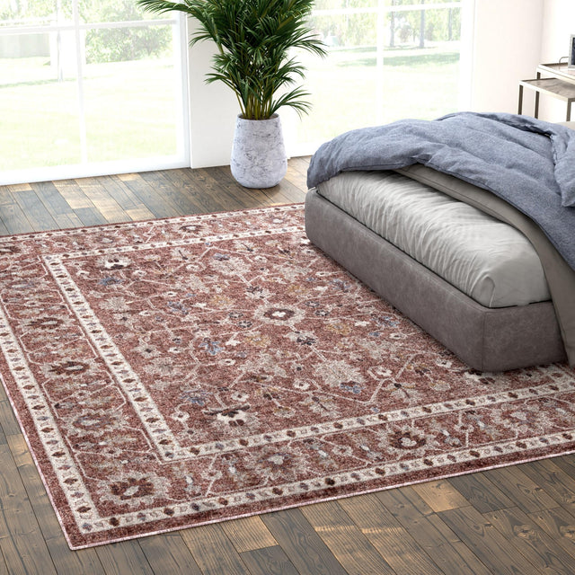 Dusty Rose 4' x 6' Eco Traditional Rectangle Area Rug 100% Recycled Space Dyed Polyester With Cotton Backing Classic Pattern Carpet for Living, Dining, Office Space for Sale at Rug Engine