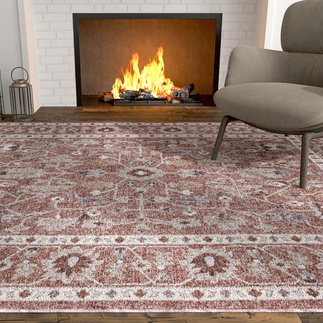 Dusty Rose 4' x 6' Eco Traditional Rectangle Area Rug 100% Recycled Space Dyed Polyester With Cotton Backing Classic Pattern Carpet for Living, Dining, Office Space for Sale at Rug Engine
