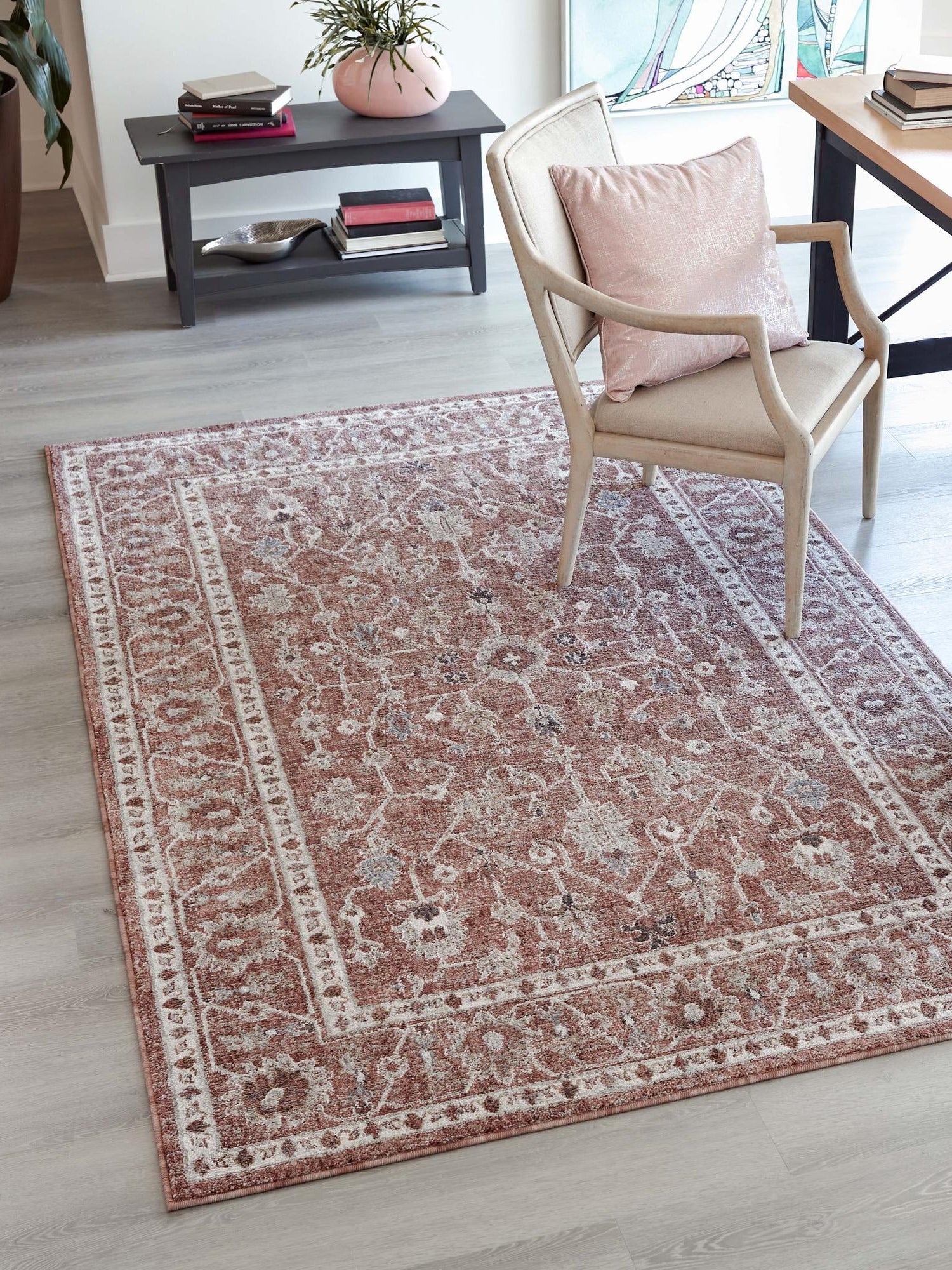 Dusty Rose 7' 10 x 10' Eco Traditional Rectangle Area Rug 100% Recycled Space Dyed Polyester With Cotton Backing Classic Pattern Carpet for Living, Dining, Office Space for Sale at Rug Engine