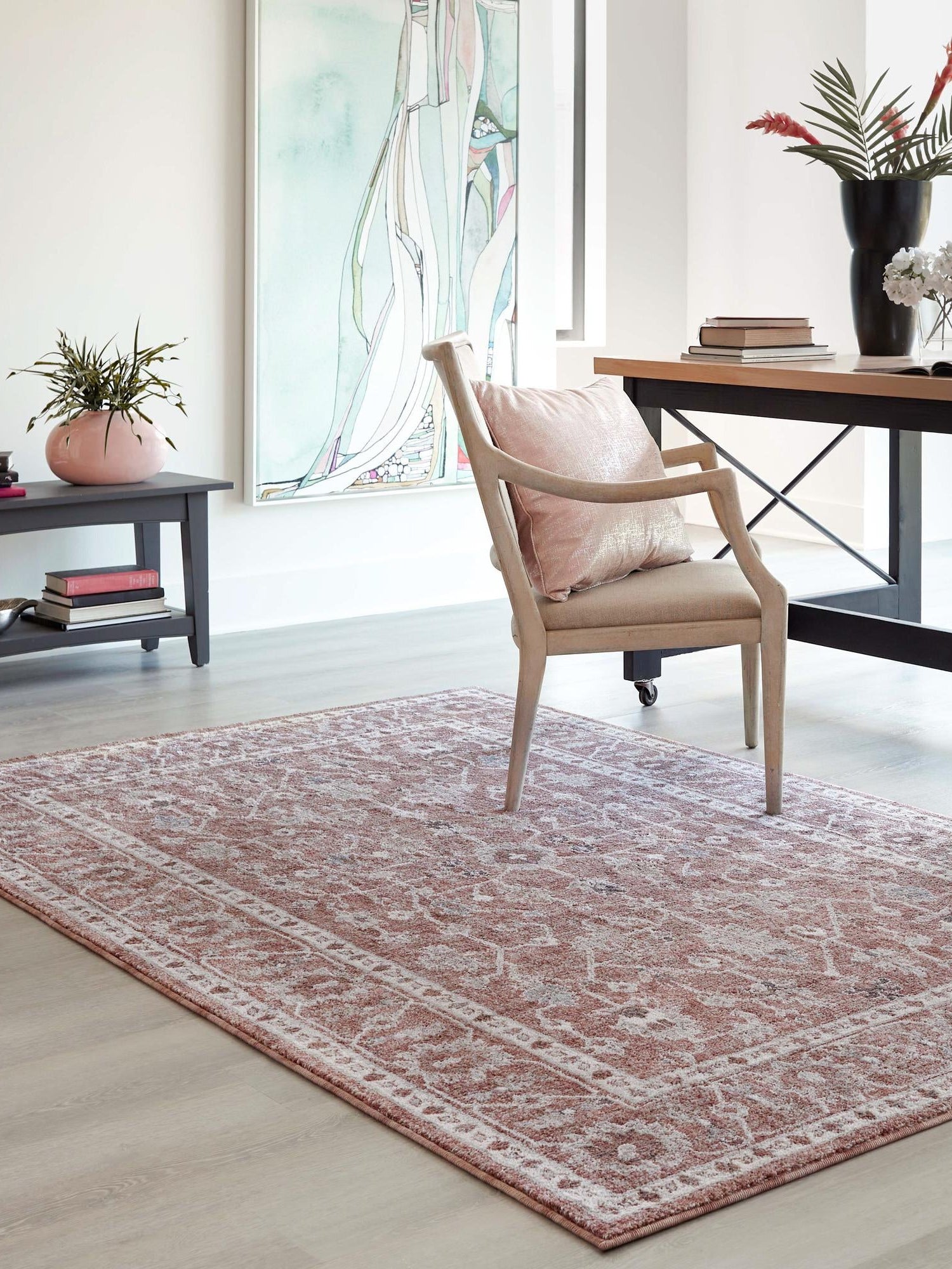 Dusty Rose 5' 3 x 8' Eco Traditional Rectangle Area Rug 100% Recycled Space Dyed Polyester With Cotton Backing Classic Pattern Carpet for Living, Dining, Office Space for Sale at Rug Engine