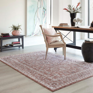Dusty Rose 4' x 6' Eco Traditional Rectangle Area Rug 100% Recycled Space Dyed Polyester With Cotton Backing Classic Pattern Carpet for Living, Dining, Office Space for Sale at Rug Engine