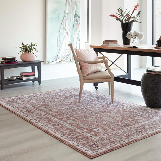 Dusty Rose 4' x 6' Eco Traditional Rectangle Area Rug 100% Recycled Space Dyed Polyester With Cotton Backing Classic Pattern Carpet for Living, Dining, Office Space for Sale at Rug Engine