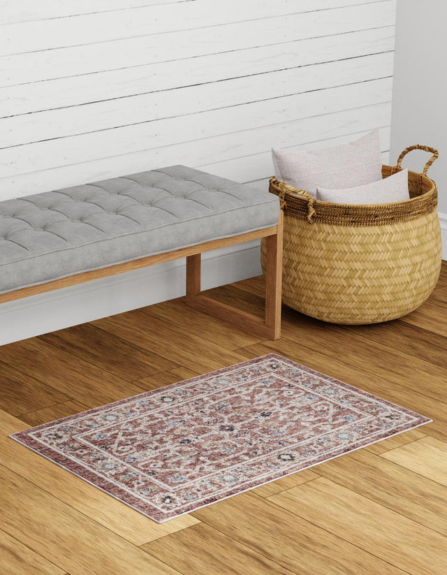Dusty Rose 2' x 3' Eco Traditional Rectangle Area Rug 100% Recycled Space Dyed Polyester With Cotton Backing Classic Pattern Carpet for Living, Dining, Office Space for Sale at Rug Engine