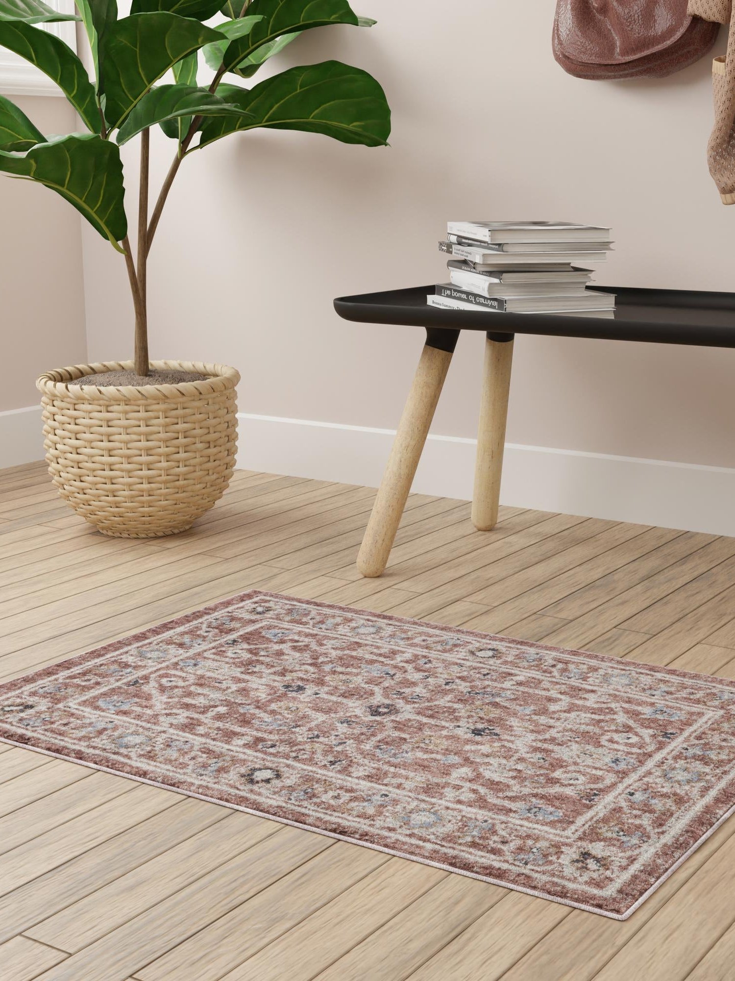 Dusty Rose 7' 10 x 10' Eco Traditional Rectangle Area Rug 100% Recycled Space Dyed Polyester With Cotton Backing Classic Pattern Carpet for Living, Dining, Office Space for Sale at Rug Engine