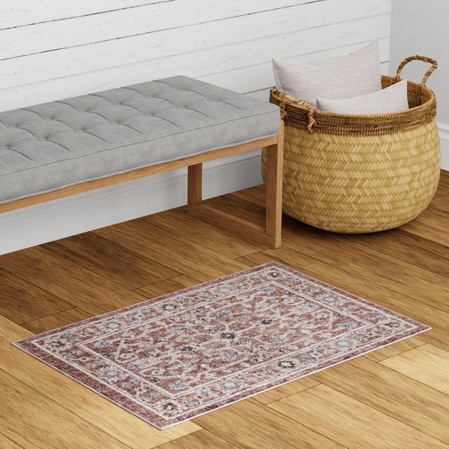 Dusty Rose 4' x 6' Eco Traditional Rectangle Area Rug 100% Recycled Space Dyed Polyester With Cotton Backing Classic Pattern Carpet for Living, Dining, Office Space for Sale at Rug Engine