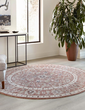 Dusty Rose 3' 3 x 3' 3 Eco Traditional Round Area Rug 100% Recycled Space Dyed Polyester With Cotton Backing Classic Pattern Carpet for Living, Dining, Office Space for Sale at Rug Engine