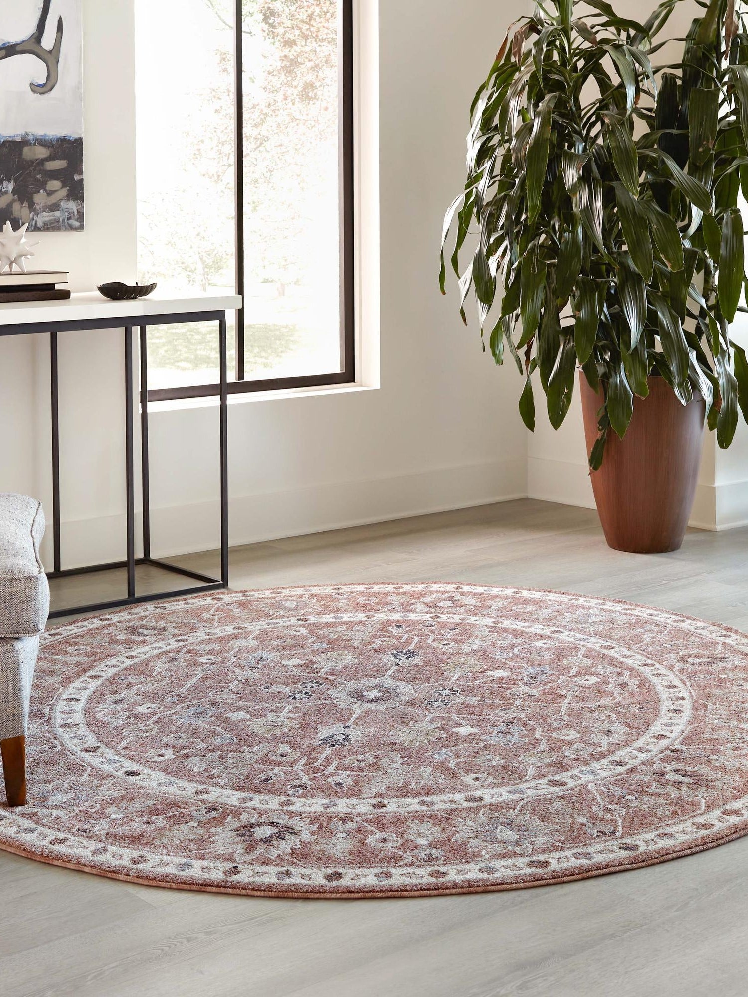 Dusty Rose 7' x 7' Eco Traditional Round Area Rug 100% Recycled Space Dyed Polyester With Cotton Backing Classic Pattern Carpet for Living, Dining, Office Space for Sale at Rug Engine