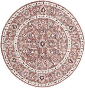 Dusty Rose 7' x 7' Eco Traditional Round Area Rug 100% Recycled Space Dyed Polyester With Cotton Backing Classic Pattern Carpet for Living, Dining, Office Space for Sale at Rug Engine