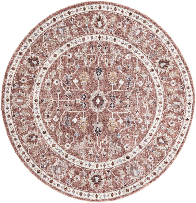 Dusty Rose 7' x 7' Eco Traditional Round Area Rug 100% Recycled Space Dyed Polyester With Cotton Backing Classic Pattern Carpet for Living, Dining, Office Space for Sale at Rug Engine