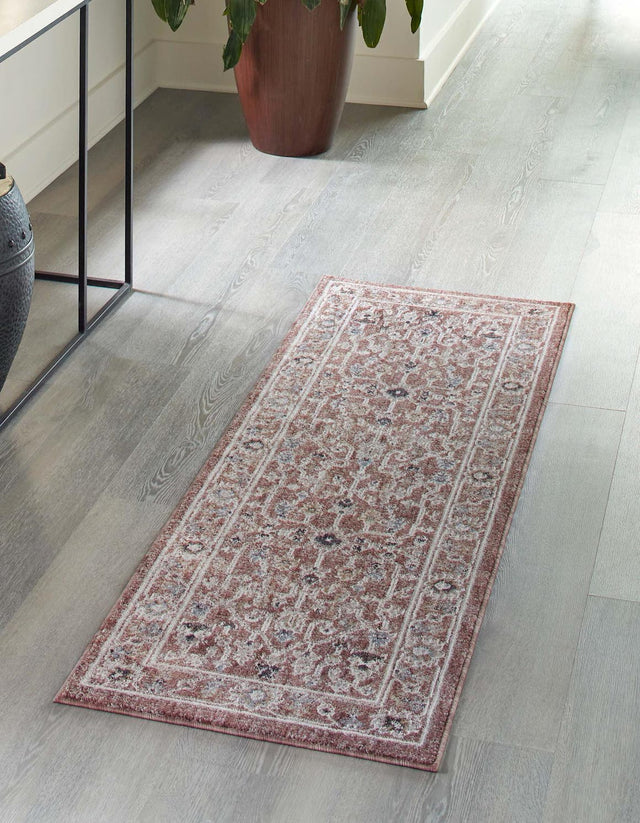 Dusty Rose 2' x 6' Eco Traditional Runner Area Rug 100% Recycled Space Dyed Polyester With Cotton Backing Classic Pattern Carpet for Living, Dining, Office Space for Sale at Rug Engine