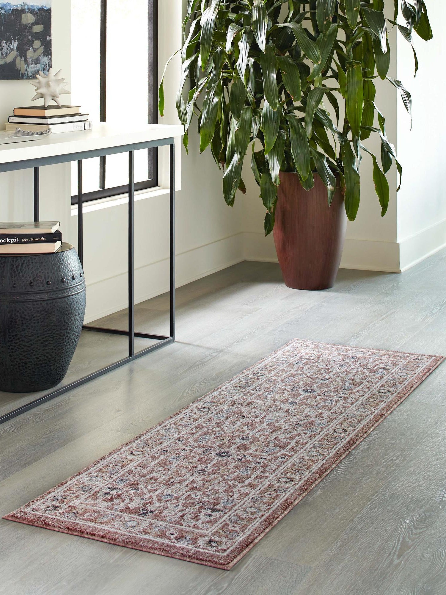 Dusty Rose 2' x 6' Eco Traditional Runner Area Rug 100% Recycled Space Dyed Polyester With Cotton Backing Classic Pattern Carpet for Living, Dining, Office Space for Sale at Rug Engine