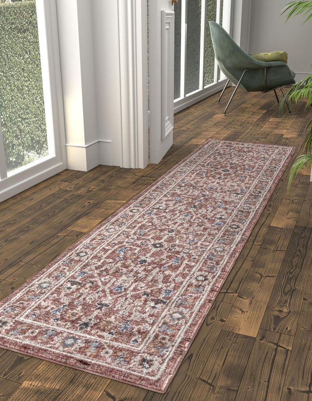 Dusty Rose 2' x 8' Eco Traditional Runner Area Rug 100% Recycled Space Dyed Polyester With Cotton Backing Classic Pattern Carpet for Living, Dining, Office Space for Sale at Rug Engine