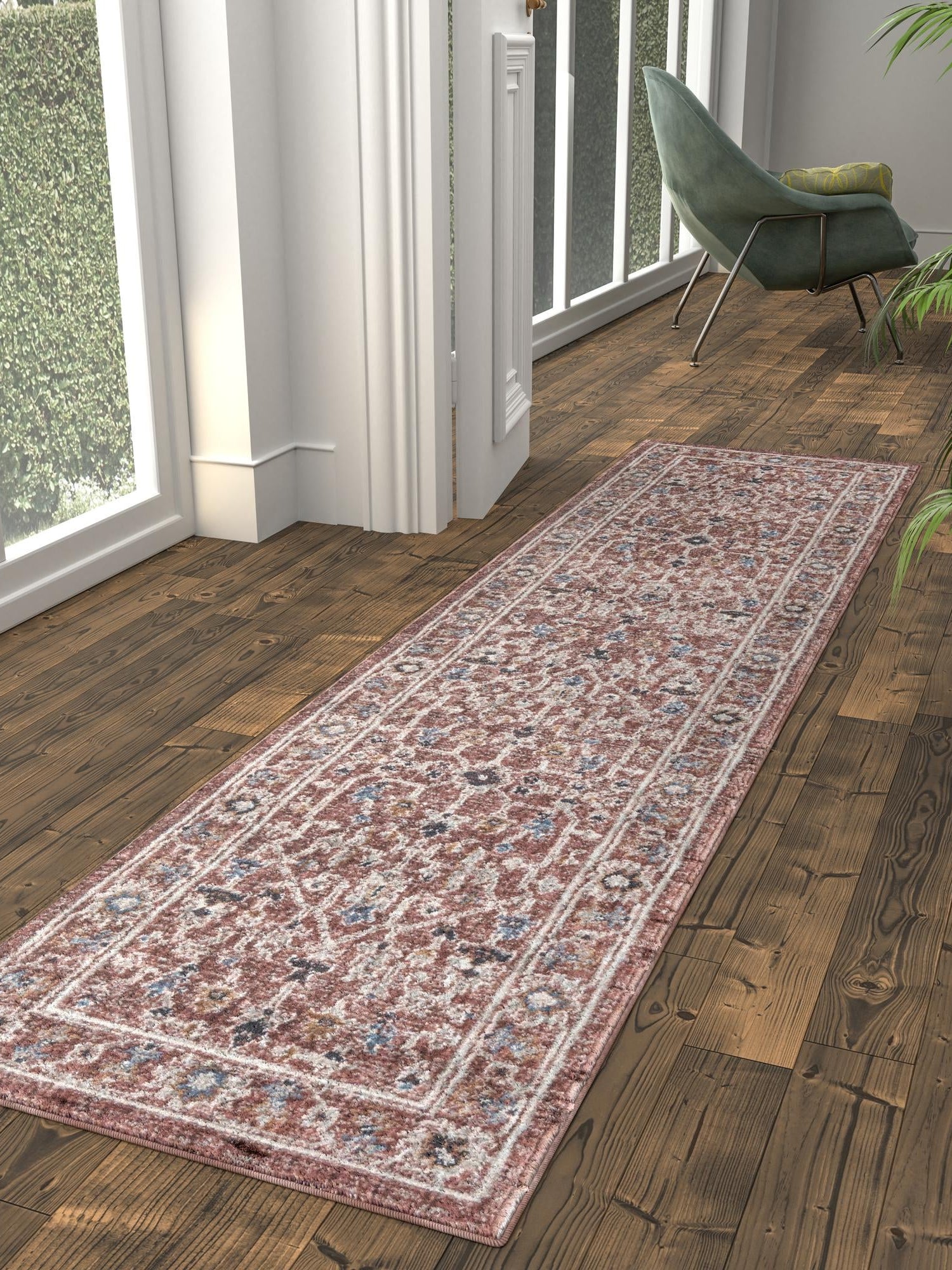 Dusty Rose 2' 7 x 12' Eco Traditional Runner Area Rug 100% Recycled Space Dyed Polyester With Cotton Backing Classic Pattern Carpet for Living, Dining, Office Space for Sale at Rug Engine