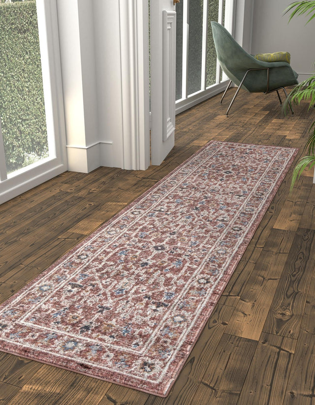 Dusty Rose 2' 7 x 12' Eco Traditional Runner Area Rug 100% Recycled Space Dyed Polyester With Cotton Backing Classic Pattern Carpet for Living, Dining, Office Space for Sale at Rug Engine