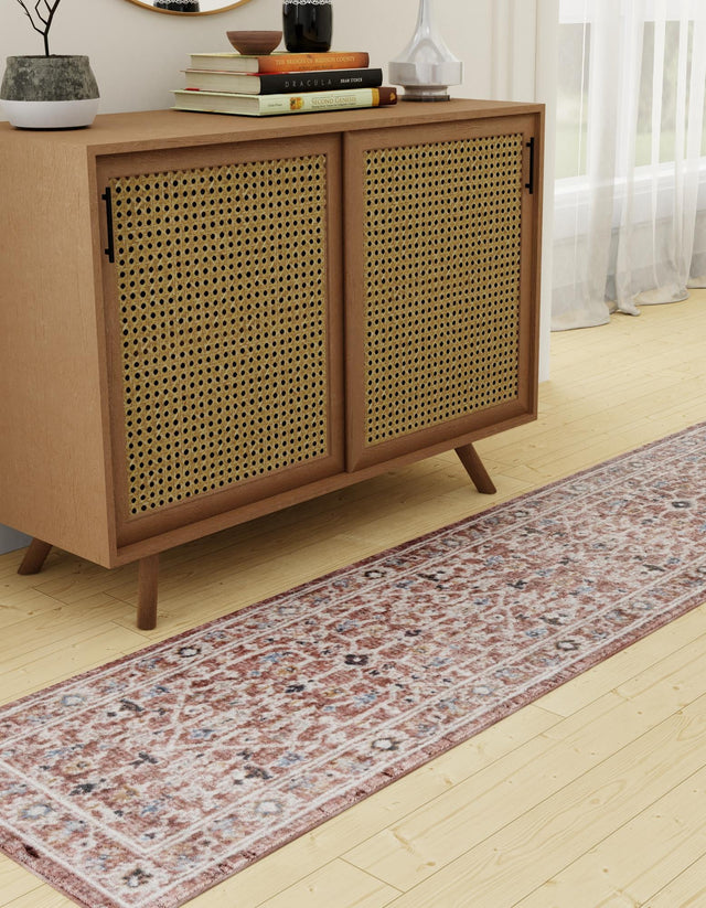 Dusty Rose 2' x 6' Eco Traditional Runner Area Rug 100% Recycled Space Dyed Polyester With Cotton Backing Classic Pattern Carpet for Living, Dining, Office Space for Sale at Rug Engine