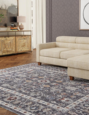 Charcoal Gray 7' 10 x 10' Eco Traditional Rectangle Area Rug 100% Recycled Space Dyed Polyester With Cotton Backing Classic Pattern Carpet for Living, Dining, Office Space for Sale at Rug Engine