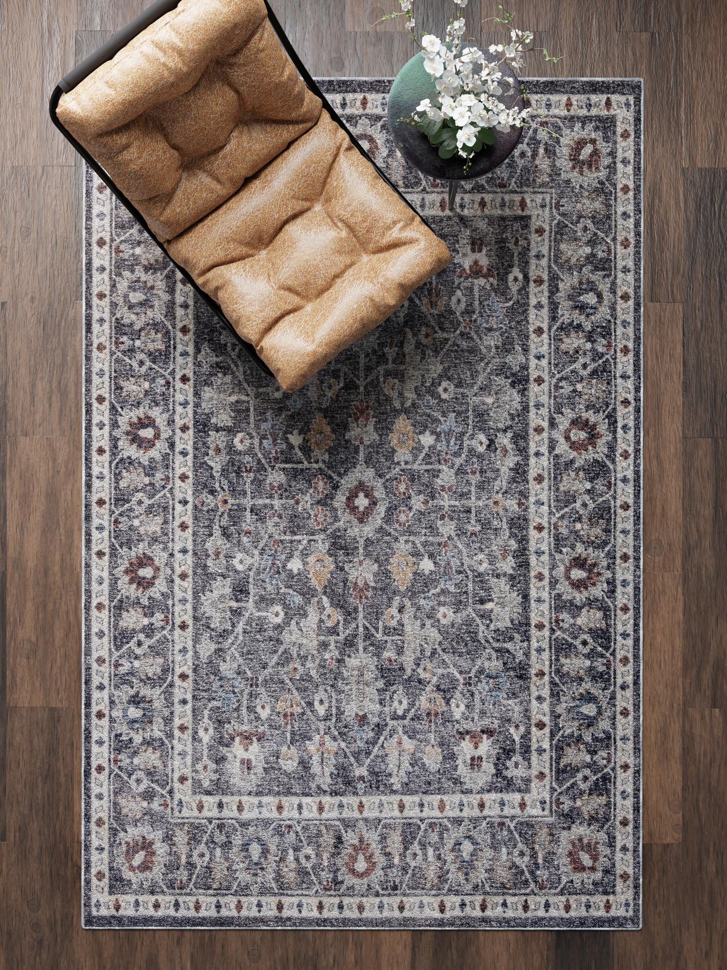 Charcoal Gray 7' 10 x 10' Eco Traditional Rectangle Area Rug 100% Recycled Space Dyed Polyester With Cotton Backing Classic Pattern Carpet for Living, Dining, Office Space for Sale at Rug Engine