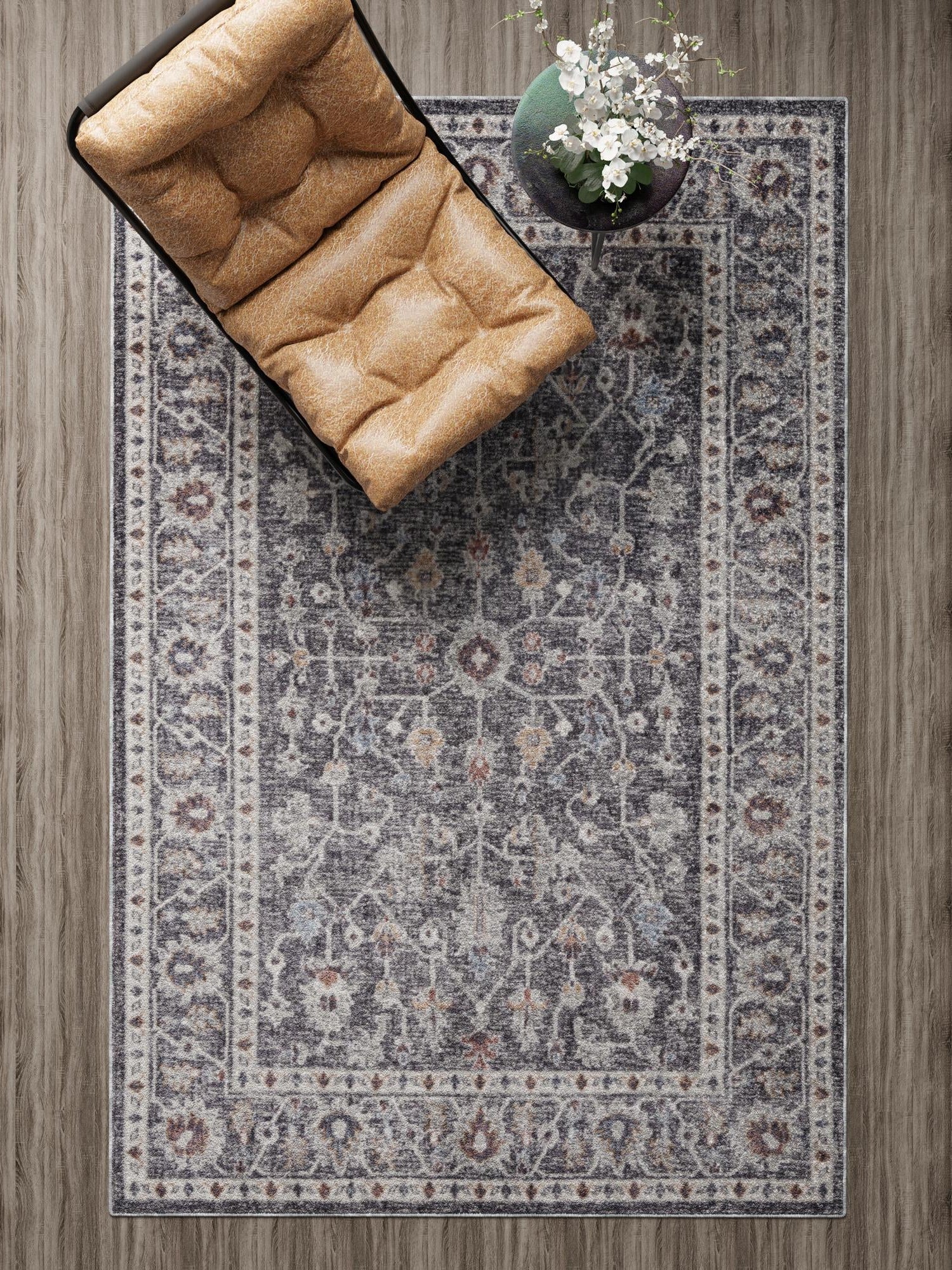 Charcoal Gray 2' x 3' Eco Traditional Rectangle Area Rug 100% Recycled Space Dyed Polyester With Cotton Backing Classic Pattern Carpet for Living, Dining, Office Space for Sale at Rug Engine