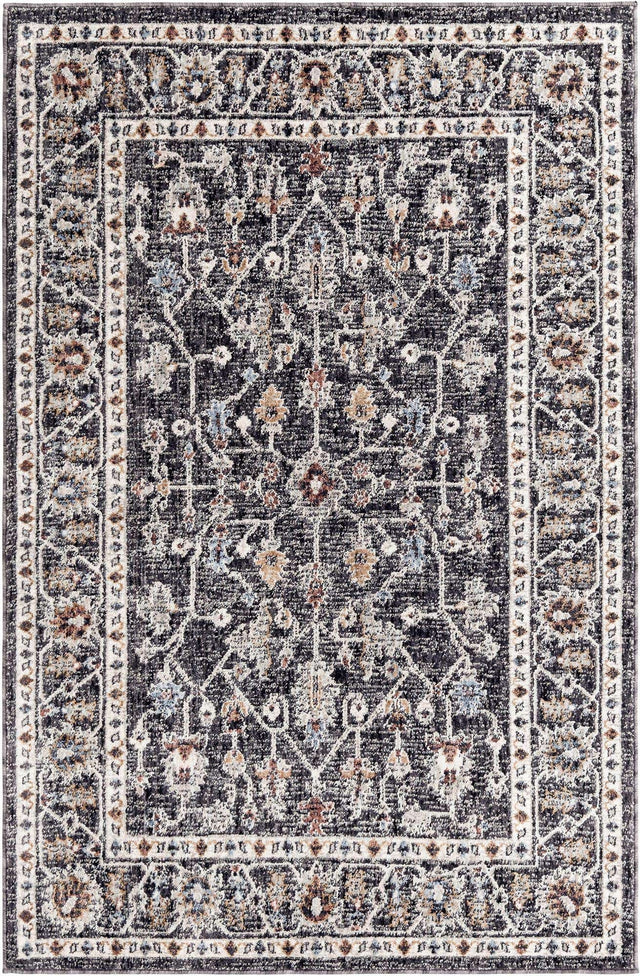 Charcoal Gray 4' x 6' Eco Traditional Rectangle Area Rug 100% Recycled Space Dyed Polyester With Cotton Backing Classic Pattern Carpet for Living, Dining, Office Space for Sale at Rug Engine