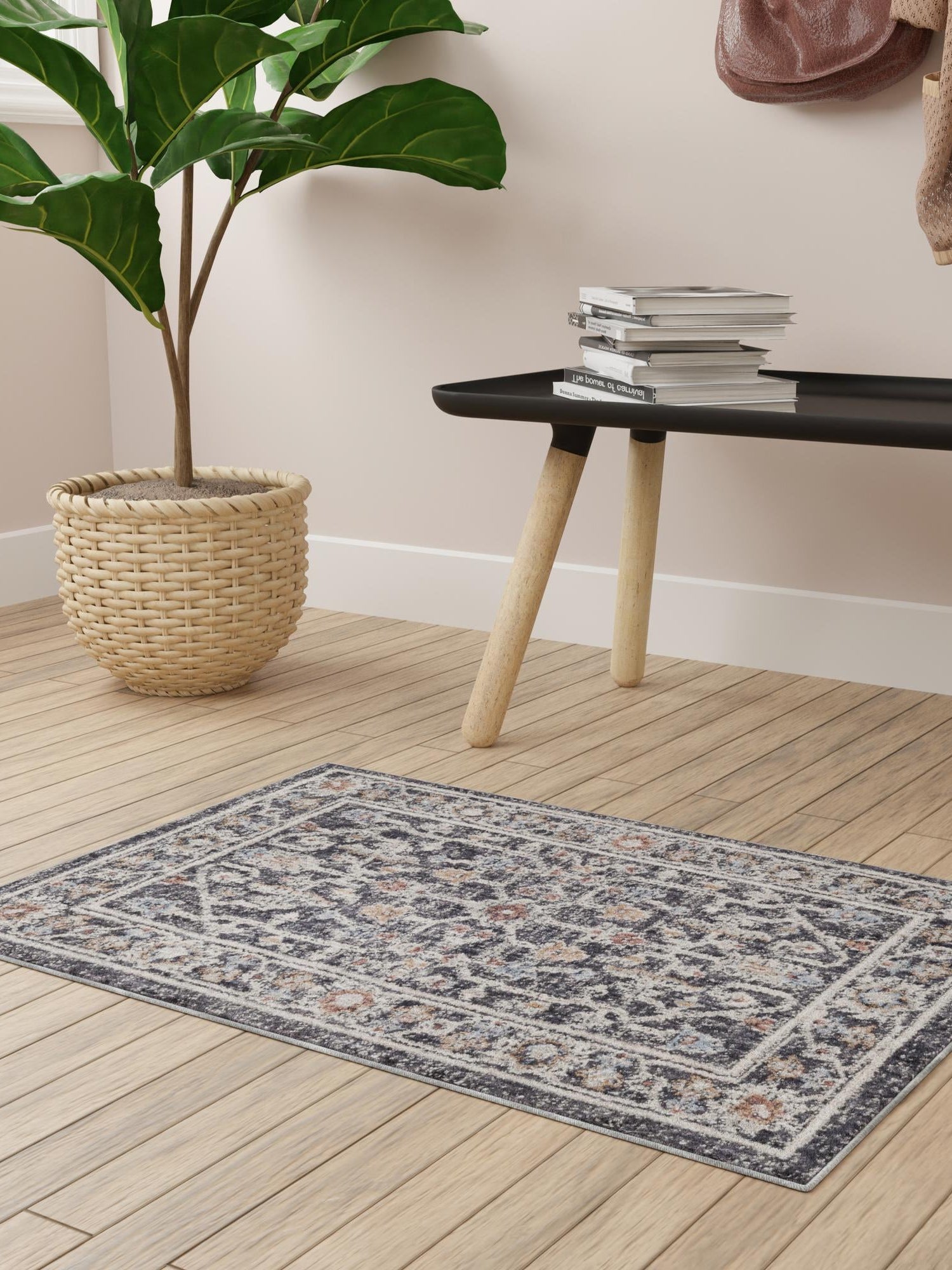 Charcoal Gray 4' x 6' Eco Traditional Rectangle Area Rug 100% Recycled Space Dyed Polyester With Cotton Backing Classic Pattern Carpet for Living, Dining, Office Space for Sale at Rug Engine